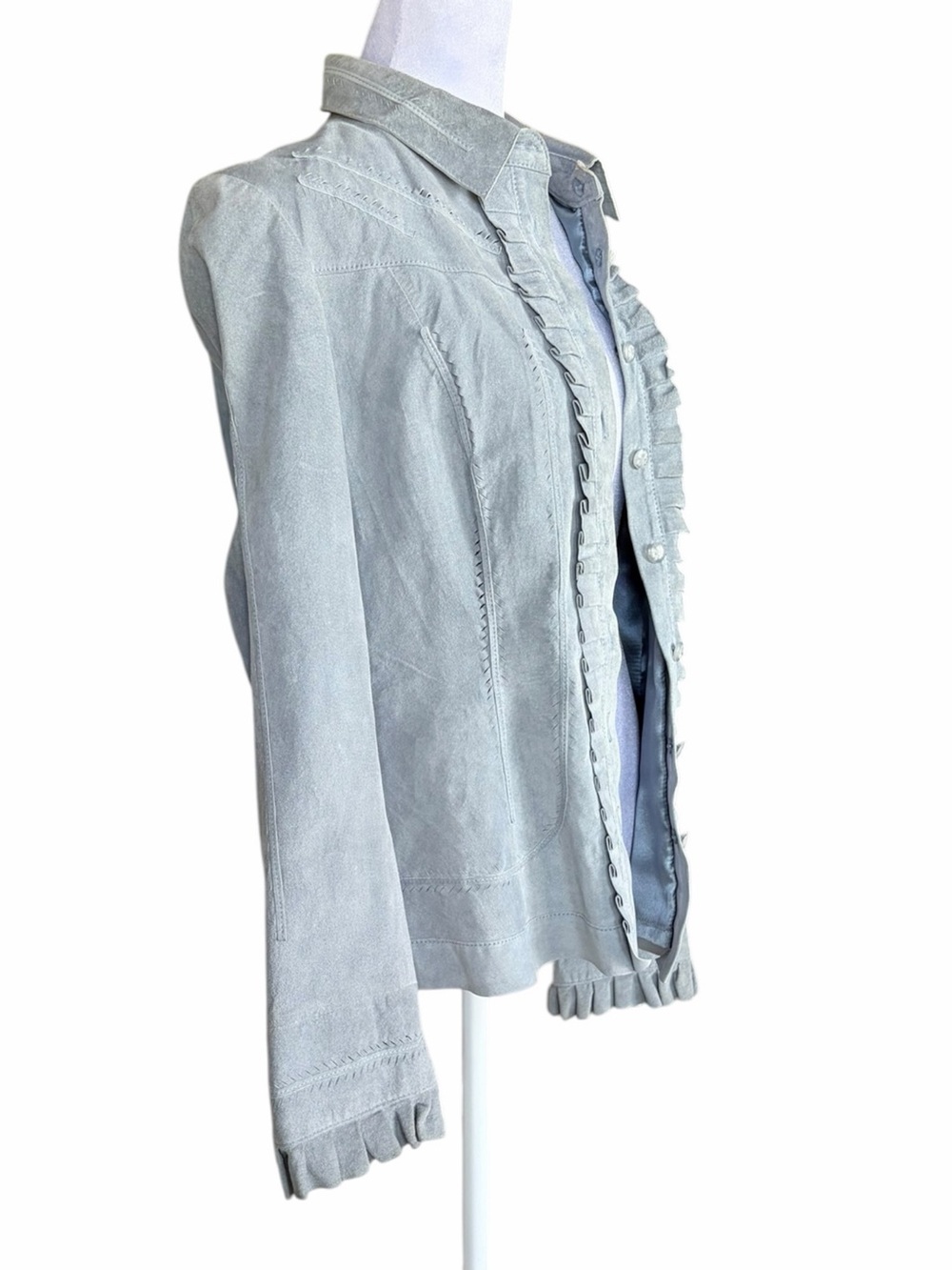 Light Blue Gray Suede Button-Front Jacket with Ruffle Trim - Picture 6 of 7